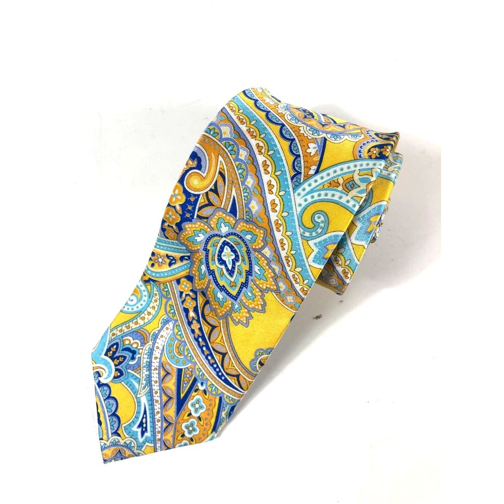 Geoffrey Beene 100% Silk Tie Yellow Blue Paisley Floral Pattern Men's Necktie